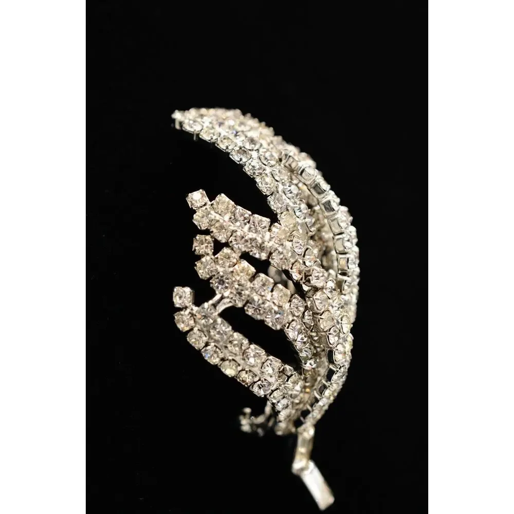 Vintage Crystal 3D Leaf Pin Brooch Baguette Prong Rhinestone Silver 1960s BinAL